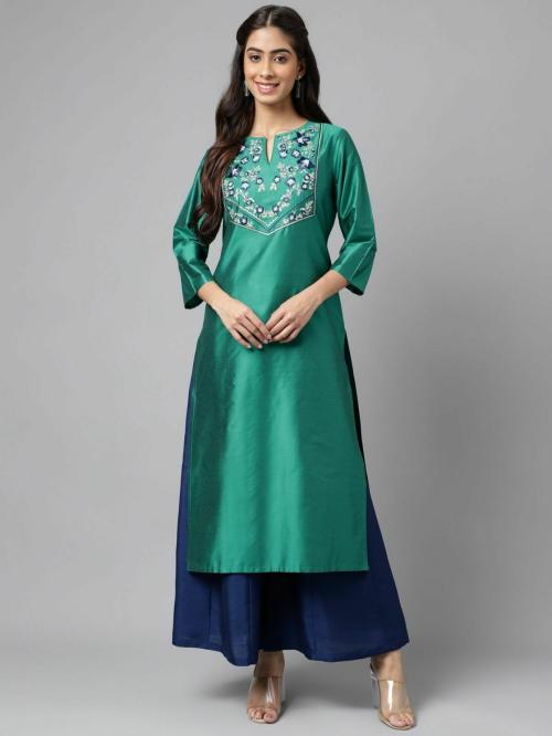 Buy Janasya Women's Peacock Green Poly Silk Solid Straight Kurta Online ...