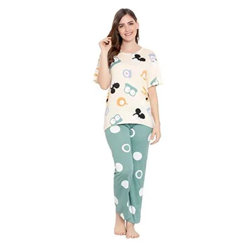 F Fashiol. Com Women Multi-Printed Top & Pyjama Round Neck Multicolor Cotton Night Suit (40)