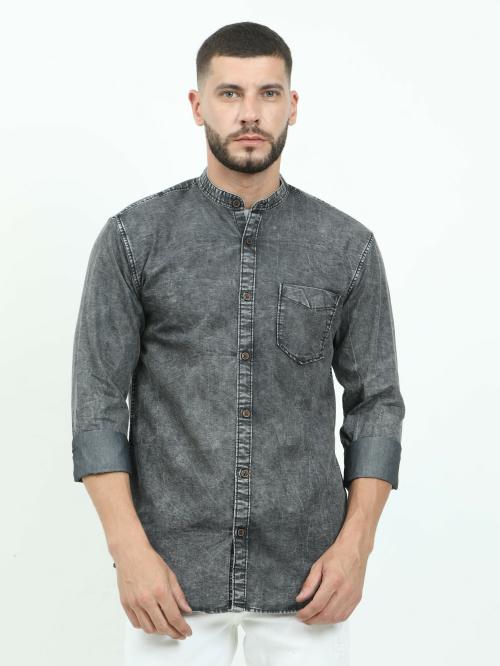 18 PLUS Eighteen Plus Men's Slim Fit Casual Cutaway Collared Denim Full Sleeve Shirt Black Large