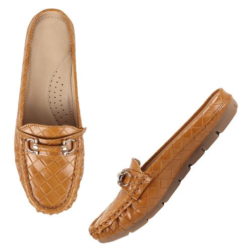 Calzado Comfortable Flat Back Open Bellies for Women Girls (Tan)