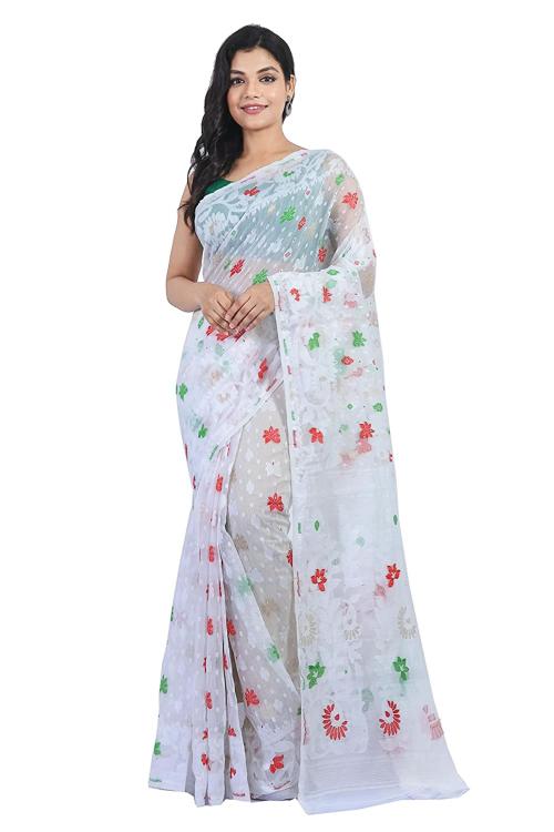 Sweta Women White Cotton Blend Prajapati Jamdani Saree