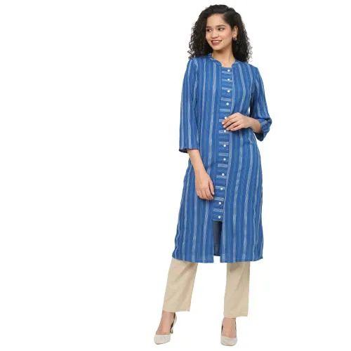 Fusion Beats Kurta For Women, 3/4th Sleeves Mandarin Neck Kurtas, Printed Women's Kurtis, Ladies Ethnic Wear, Womens Stylish Party Wear, Formal Office Wear Kurti Tops For Women (Classic Blue)