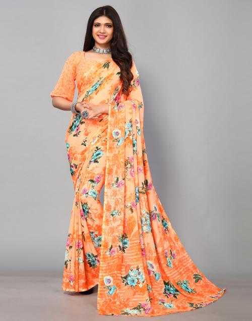 Siril Georgette Orange Color Saree with Blouse piece | sarees for Women| saree | sarees