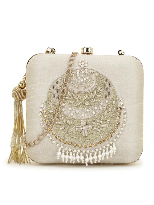 Buy Vista Off White & Gold Embellished Faux Silk Clutch Online at Best