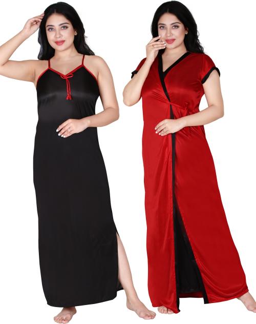 Loody'S Women Red, Black Solid Pure Satin Set Of 2 Night Dress (Free Size) | Pure Satin Nighties | Free Size Nighties | Night wear | Sleepwear / Night Dress