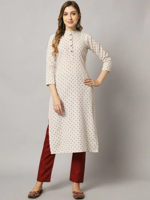 Sun Fashion And Lifestyle Women Beige, Red Printed Pure Cotton Kurta And Pant Set (S)