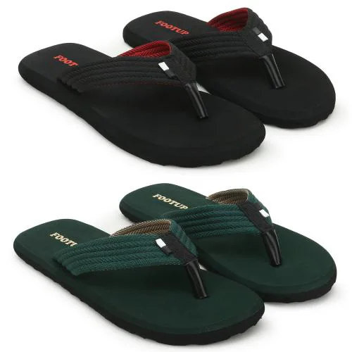 Footup Light Weight Black and Green Slippers for Men (Pack of 2)