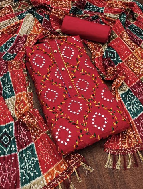 Panzora Cotton Suit with Multi Mirror Work and Fancy Bandhani Dupatta Dress Material