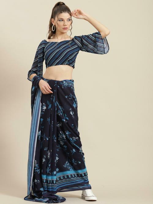 Aks Navy Blue Floral Print Saree With Blouse Piece