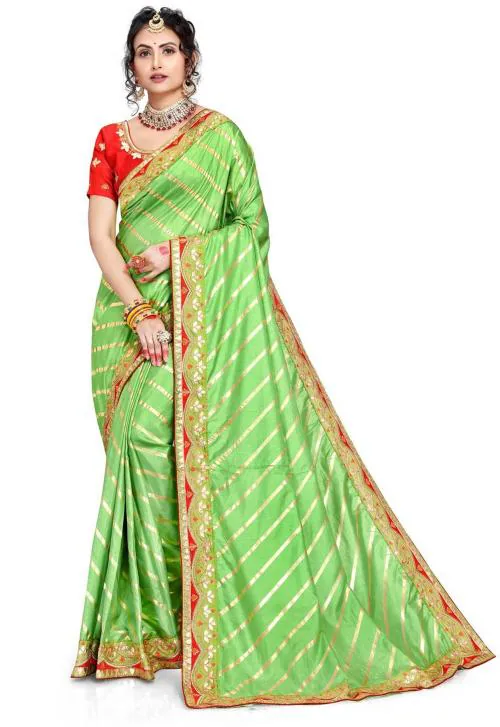 Shrisharvada Trandz Women Green Embroidered Silk Blend Pack of 1 Leheria Saree