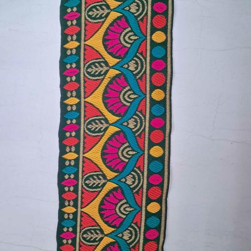 VARNI LACE BORDER 3 inch Broad & 9 Mtr Length Bottle Green color Background With Multicolor Designer Lace for Saree