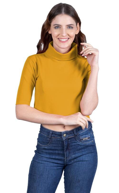 THE BLAZZE Women's Yellow Solid High Neck Elbow Sleeve Top