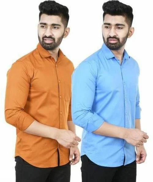 BOUGHT FIRST Solid Regular Fit Combo of 2 Full Sleeves Shirts for Men's, Stylish Pure Cotton Shirt for Men's, Casual & Formal Office Wear Shirts for Men's -(Orange+Sky Blue, XL)
