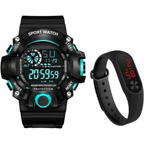 Trex Dial PU Strap Digital Sport Men Semi Water and Shock Resistance Alarm Wrist Sports Digital Watch Blue Dail and Black Strap for Boys(Pack of 2)