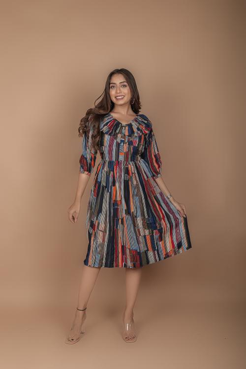 Viscose Rayon Fabric with Navy Blue Multicolor Stripes Printed Maxi Dress with Size S