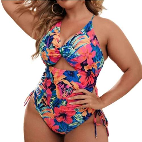 Plus Curvves Plus Size Floral Print Cutout Drawstring One Piece Swimsuit Monokini - 2XL