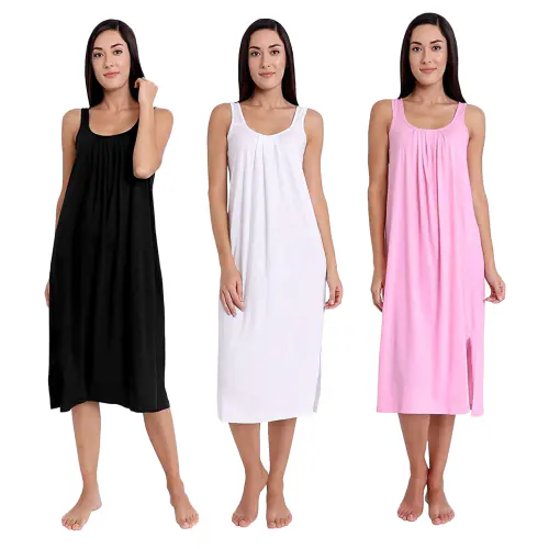 TWGE Cotton Full Length Camisole for Women - Long Inner wear Petticoat - Plus Size Nighty - Kurti and Suit Slip - Pack of 3 (White-Purple-Black)