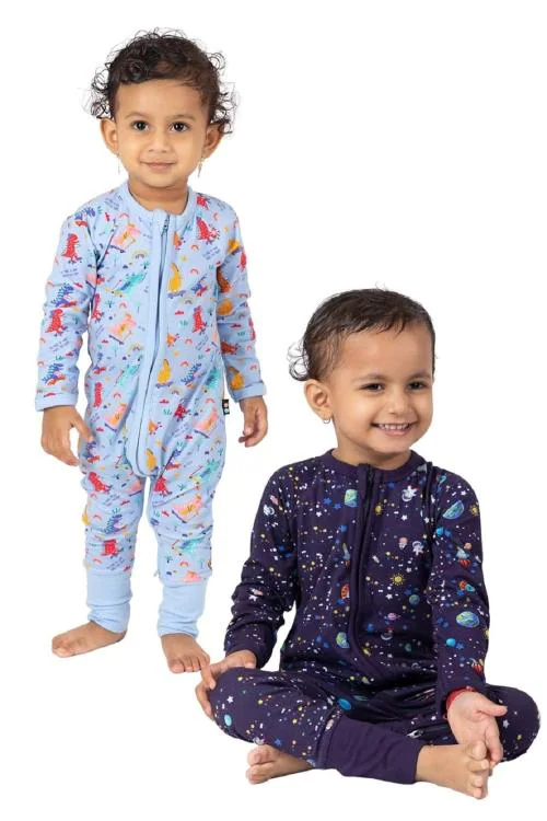 LAZYTOON Double Zipped Romper - Nantucket Breeze 100% Organic Cotton baby Rompers Jumpsuit for New Born Baby | Night Suits for New Born Baby to 2 Years (Pack Of -2) (For 12-18 M) Kids