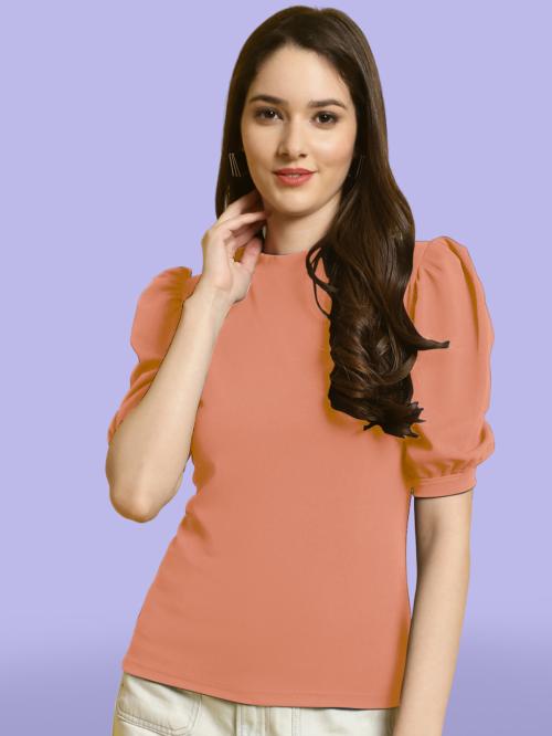 Fabflee Casual Regular Sleeves Solid Women Peach Top | Women Top | Tops For Women | Top | Crop Top | Ribbed Top