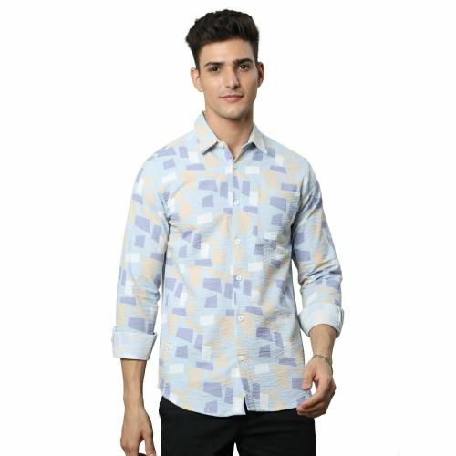 BEVDAAS Self Design Blue Popcorn Classic: Men's Popcorn Fabric Shirt