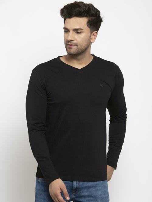 Cantabil Men Black Solid Casual Full Sleeves V Neck T-shirt
