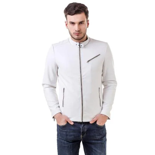 Leather Retail White Faux Leather Biker Jacket for Men
