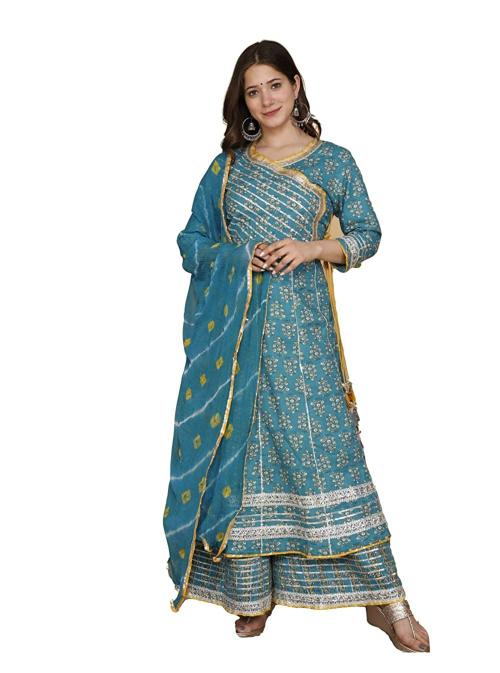 FEMEZONE Women Grey Cotton Anarkali Kurta with flared plazo and Dupatta Set - XL