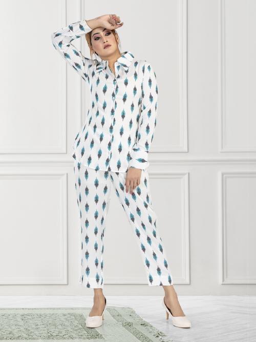 NINO BAMBINO Women's Co-Ord Set/ Top & Bottom Set Two-Piece Outfits for Women- White & Aqua-L