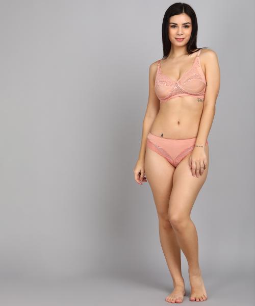 SheBAE Cotton Lingerie Set Full Coverage Non-Padded Bra and Hipster Panty For Women/Peach