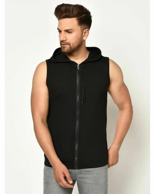 Glito Solid Black Sleeveless Hoodie With Zipper T-shirts For Men's