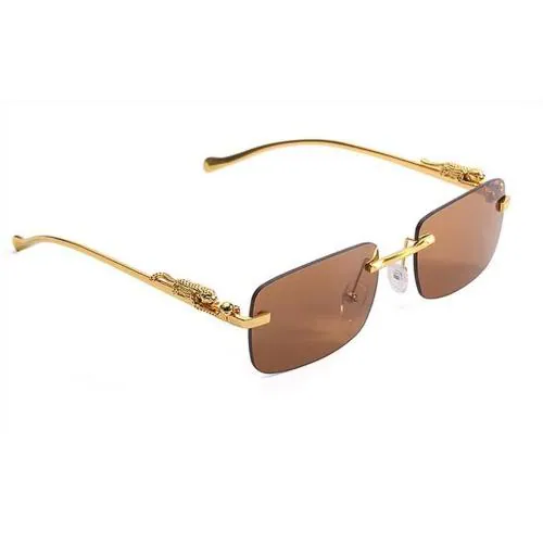 Dervin Leopard Decorated Arms Rimless Rectangle Sunglasses for Men and Women (Brown)