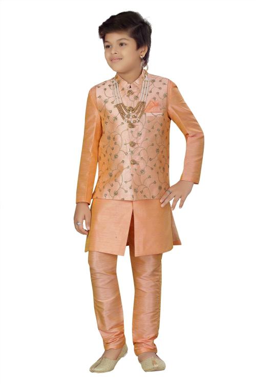 Ahhaaaa Boys Orange Full Sleeve Dupion Silk Self Design Kurta Waistcoat and Pyjama Set