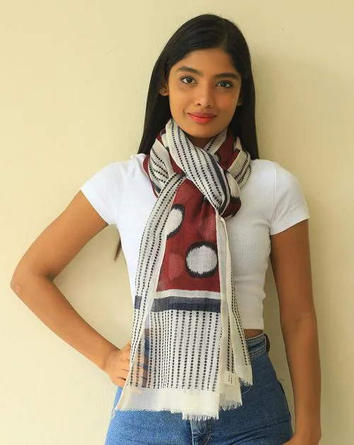 Ayesha Dark Red Woolen Scarf With Black & White Polka Dots And Stripes