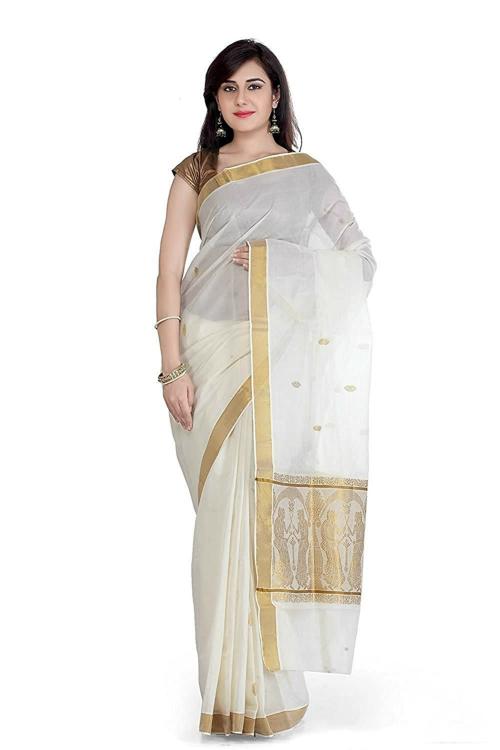 Fashionkiosks Women Zari Weave In Pallu Kerala Kasavu Saree