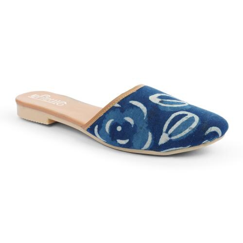 Shanaya Women's Traditional Ethnic Indigo Blue Printed Beautiful Design Flat Mules | Casual Open Toe Sandals for women and girls