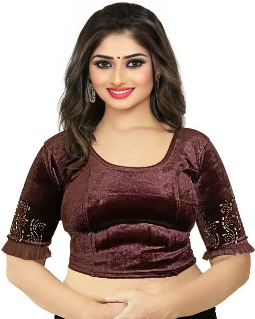 PU Fashion Women Brown Embellished Velvet Blouse