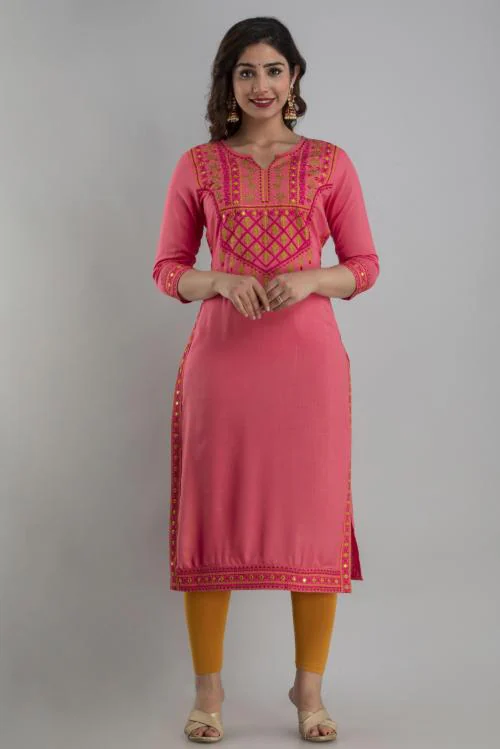 Fashion Depth Women Pink Rayon Embroidered Straight Kurta