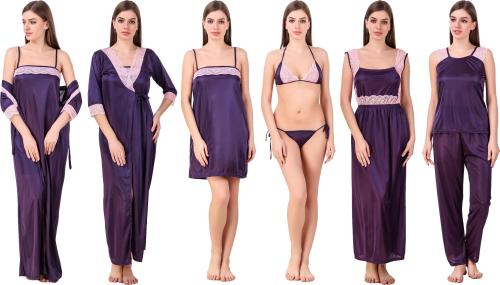 Lezaira Purple Womens Satin Blend Nighty Set (7 Pcs)