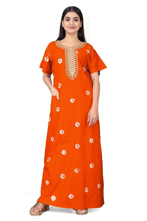 HAUTELOOK Stylish Women's Pure Cotton Nighty Gown with Fancy Bandhej Design Long Gala Flower Embellishments and Convenient Pocket Orange(3XL)