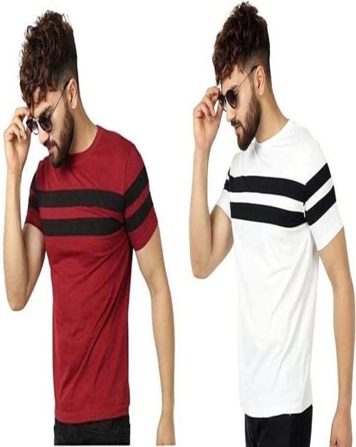 ATTITUDE START OF FASHION Men Red and White Striped Cotton Blend T Shirt - L (Pack of 2)