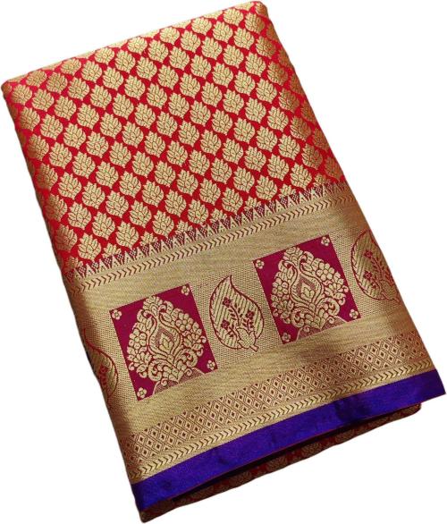 GS Creation Women Red Self Design, Woven Brasso, Art Silk Kanjivaram Saree