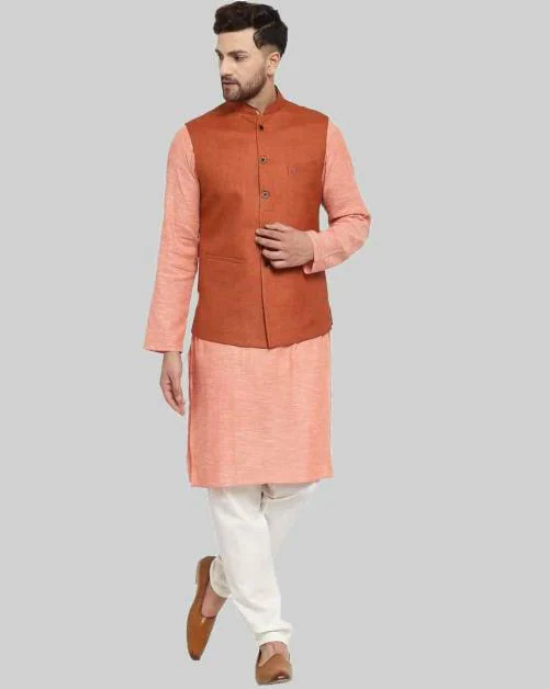 MOHANLAL SONS Men Peach-Coloured & White Pure Cotton Kurta with Pyjamas & Nehru Jacket