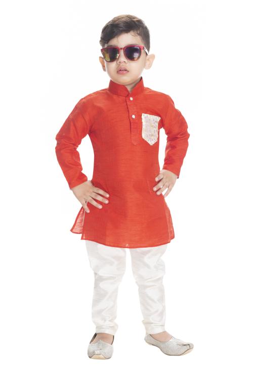 NEW GEN BOYS RED PRINTED 100% COTTON PACK OF 1 JACKET KURTA & PAIJAMA PANT