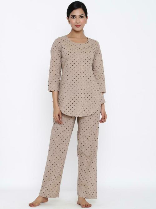 Kipek Women Brown Polka Cotton Night Suit