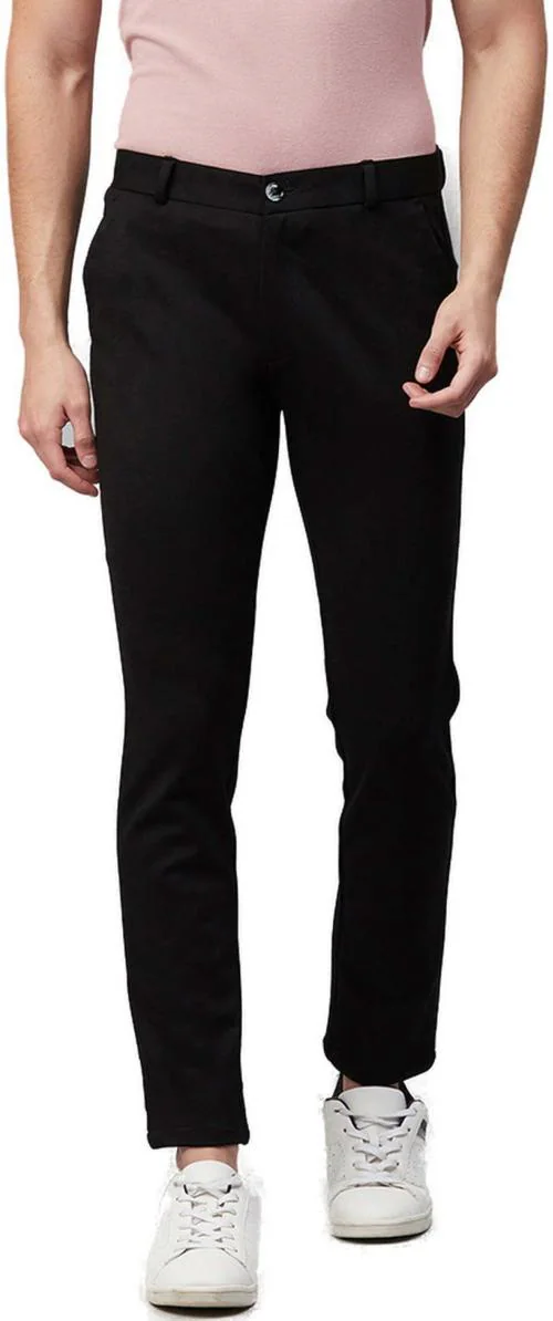 Enmozz Men Black Cotton Lycra Blend Casual Trousers