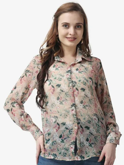 Popwings Casual Beige Floral Printed Shirt for Women | Shirt for Women Stylish | Latest Design Shirt Women | Collar Shirt For Women