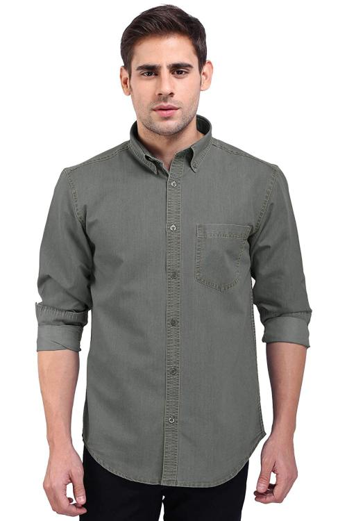 FLAGS Mens Olive Solid Cotton Regular Fit Casual Shirt