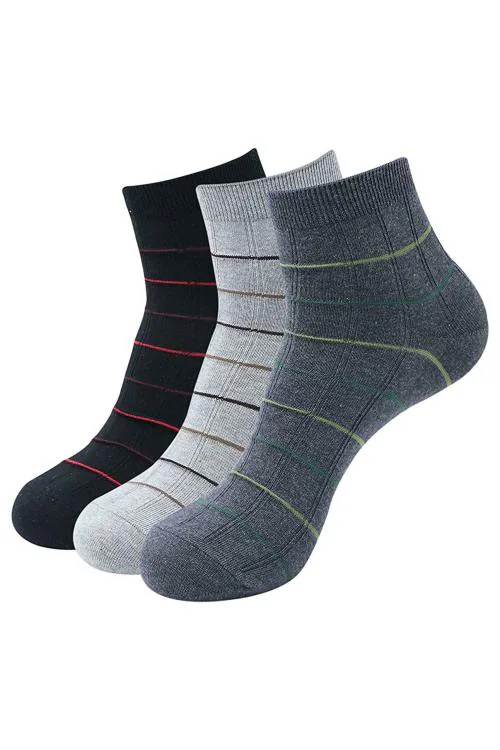 Balenzia Men Black, Light Grey, Dark Grey Striped Cotton Pack of 3 Ankle-Length Socks (Free Size)