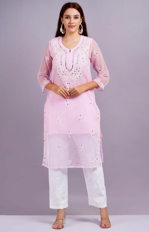 MRS RIGHT LUCKNOWI CHIKANKARI MIRROR EMBROIDERED GEORGETTE PINK KURTI