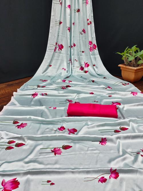 AVANSHEE Fabian Fashion Printed, Digital Print Bollywood Satin Saree (Blue, Pink)